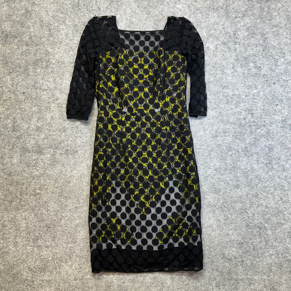 Milly Sheath Dress Womens 6 Black Lime Green 3D Polka Dot Lace Square Neck